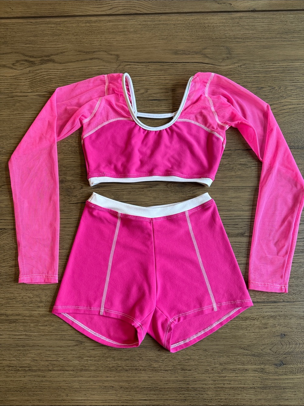 Girls' Bright Pink Dance Crop Top & Shorts Set with White Trim